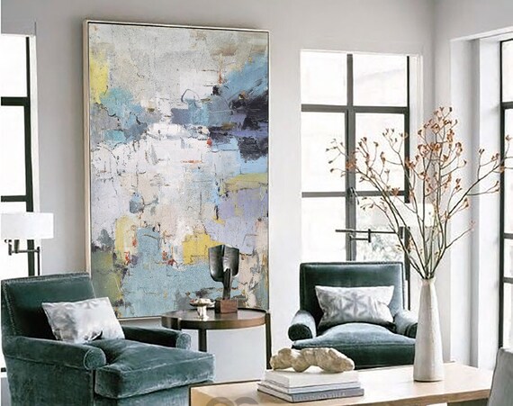 Framed Abstract Acrylic Painting Textured Abstract Painting Big Boho Modern Painting Large Blue Wall Art Living Room Green Huge Wall Decor