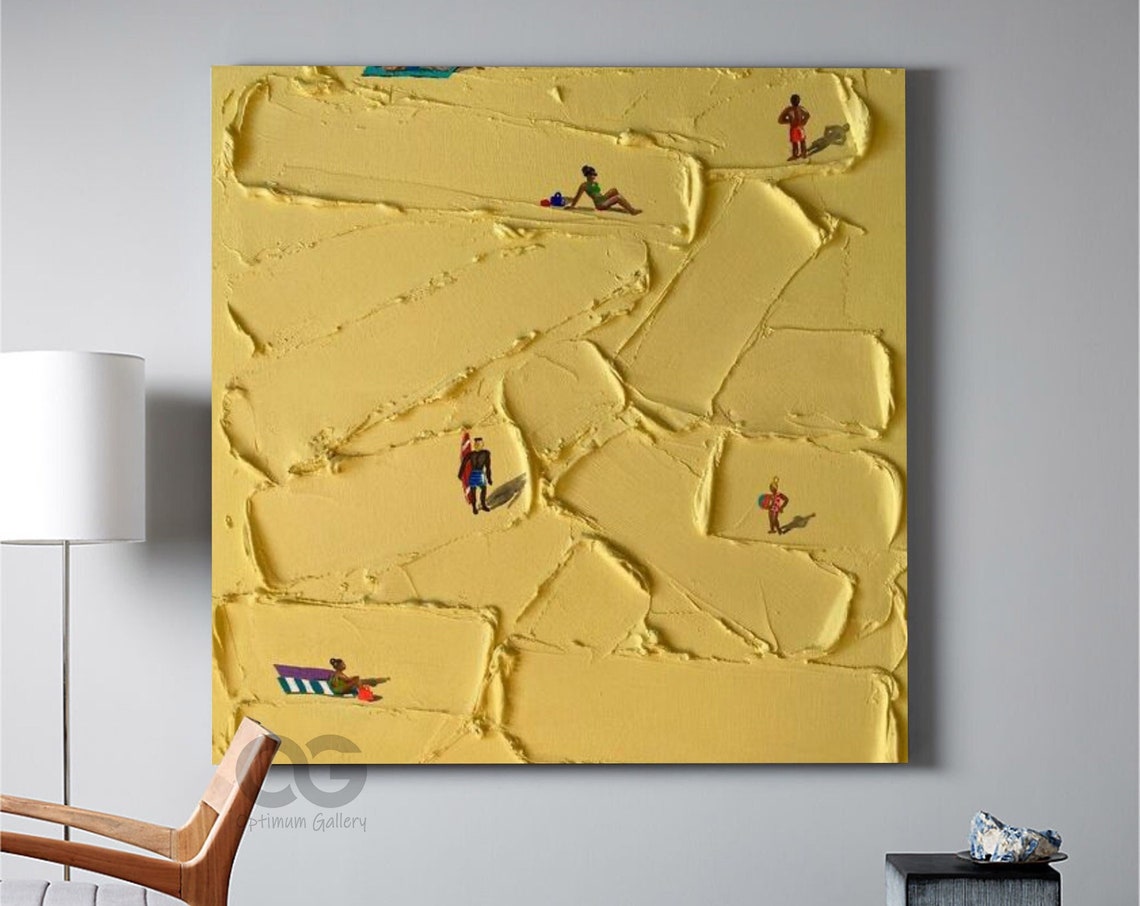 Yellow Textured Sand Beach Tiny Beachgoers Square Palette Knife Poster - Image 5