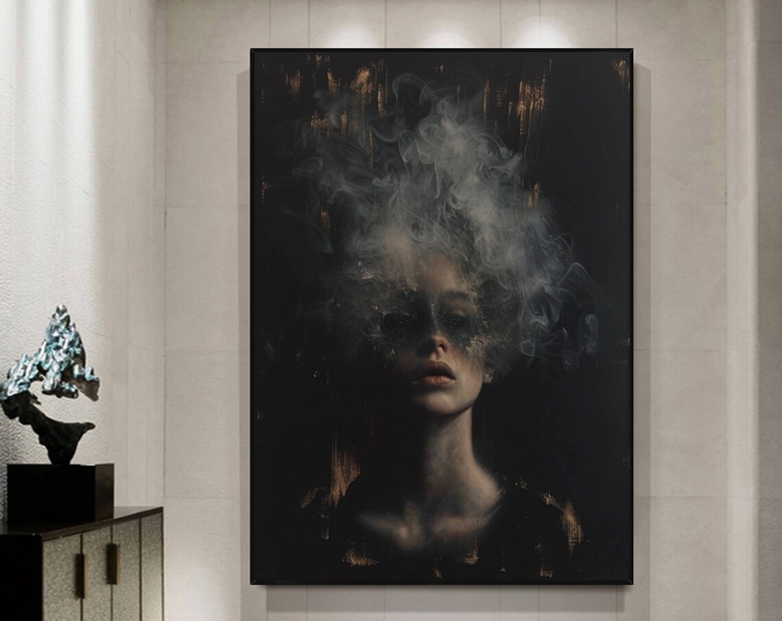 Dark Moody Woman Portrait Smoke Cloud Ethereal Black Gold Abstract Poster