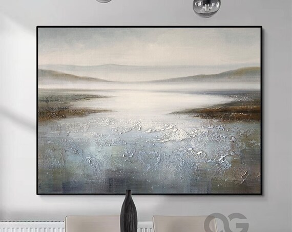 Misty Abstract Lake Seascape Distant Hills Textured Modern Painting Wall Art