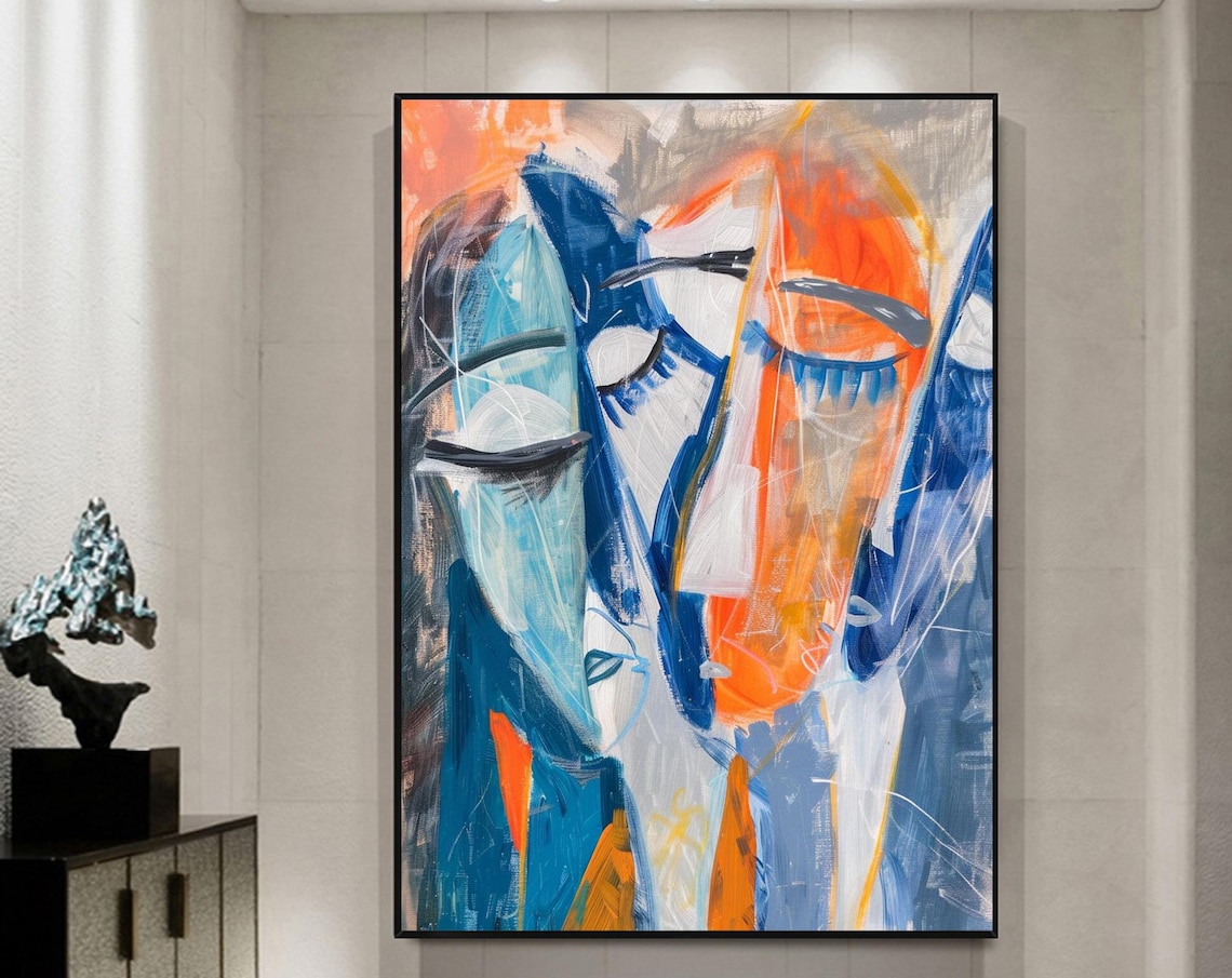 Abstract Faces Blue Orange Painting Picasso Style Modern Fractured Art Poster