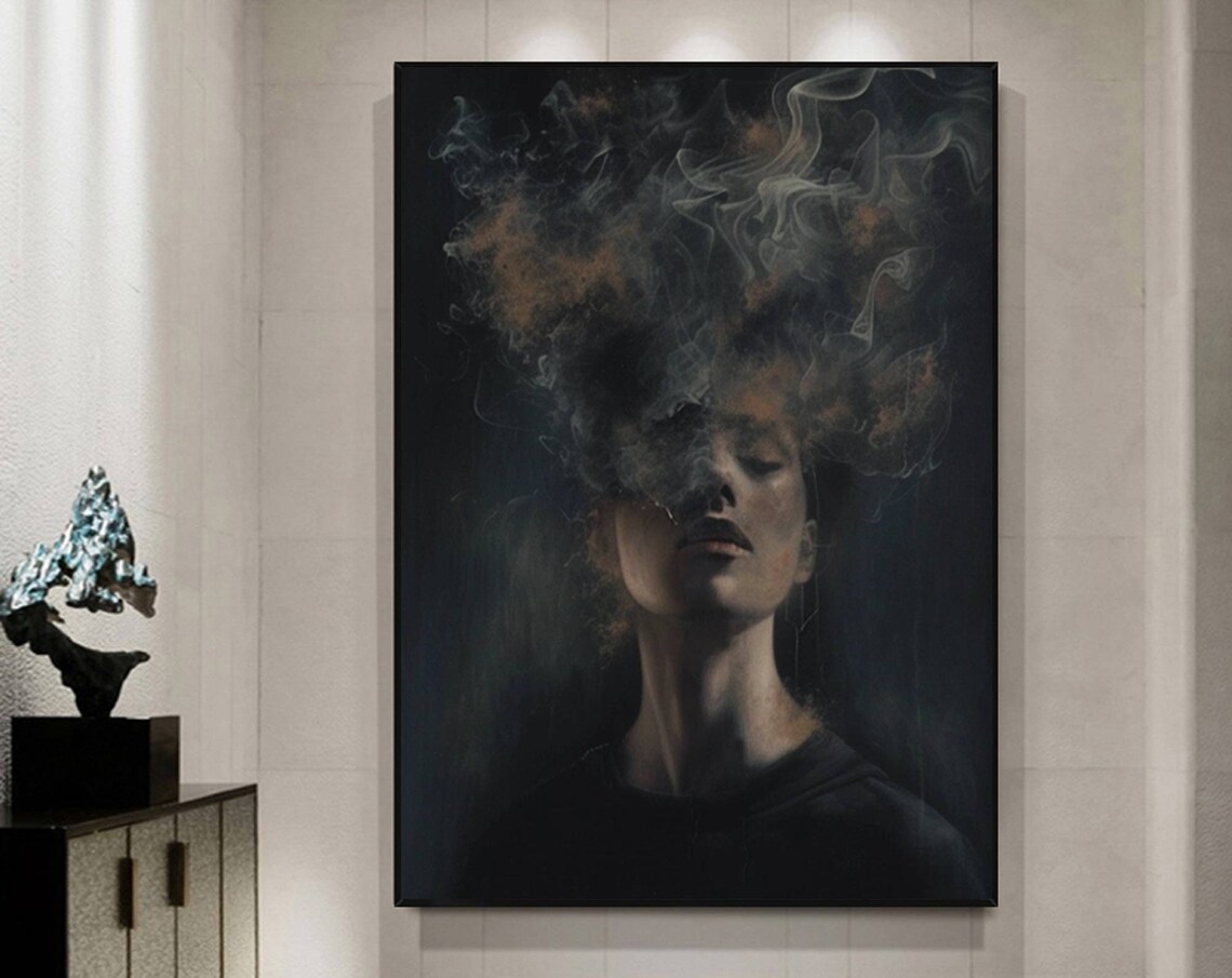 Mysterious Woman Face Smoke Dissolving Dark Abstract Figurative Art Poster