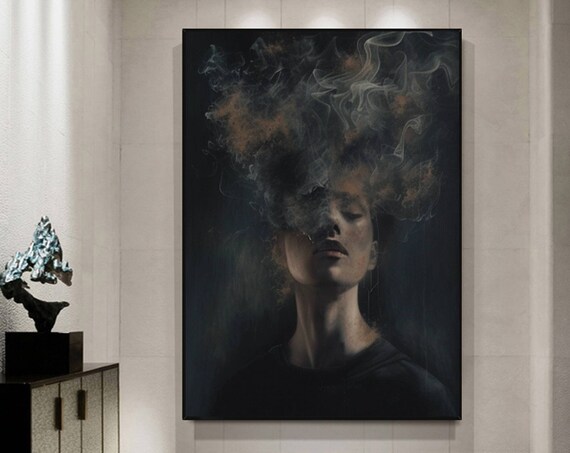 Mysterious Woman Face Smoke Dissolving Dark Abstract Figurative Art Poster