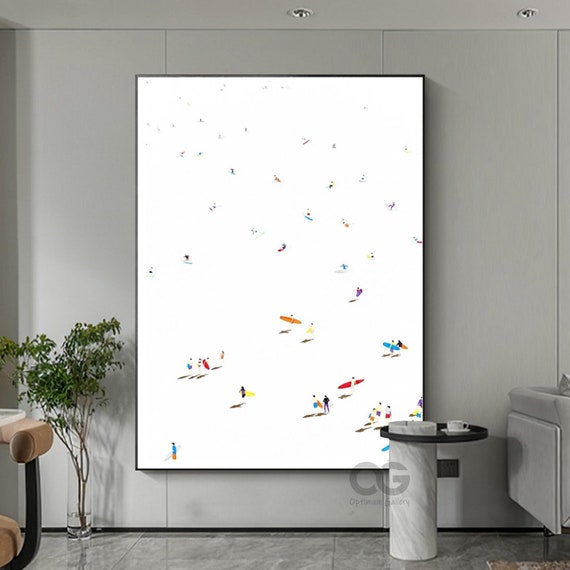 Happy Coast Painting Swimming Painting Texture Surfing Wall Art Personalized Gift Custom Art Beach Boating Art Crowds On The Shore Painting