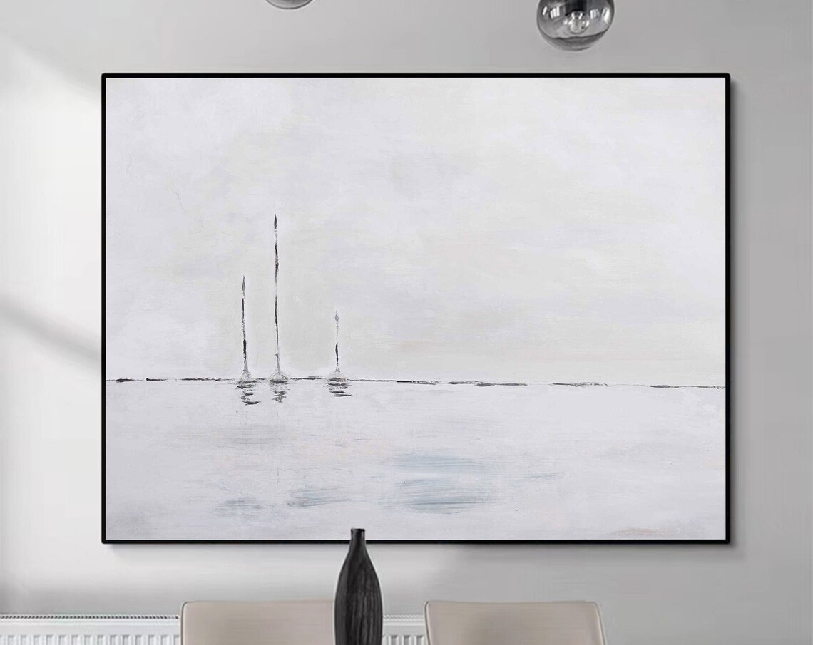 Minimalist Black White Sailboats Misty Sea Calm Horizon Art Poster - Image 5