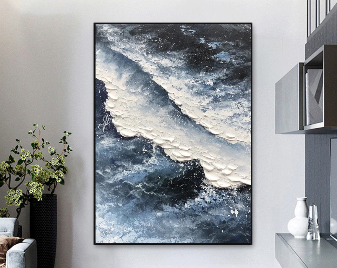 Dark Stormy Wave Thick White Impasto Foam Dramatic Ocean Art Poster