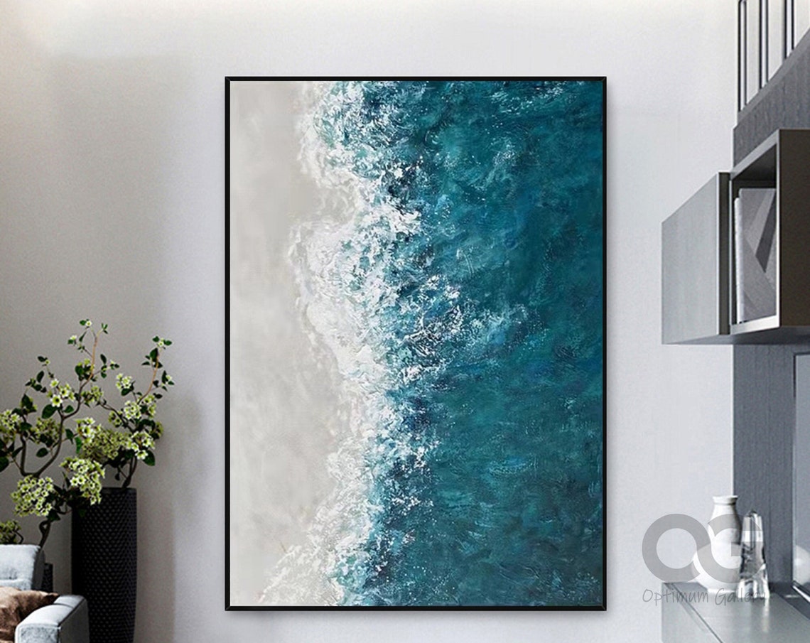 Emerald Green Wave Meeting White Shore Vertical Ocean Art Poster