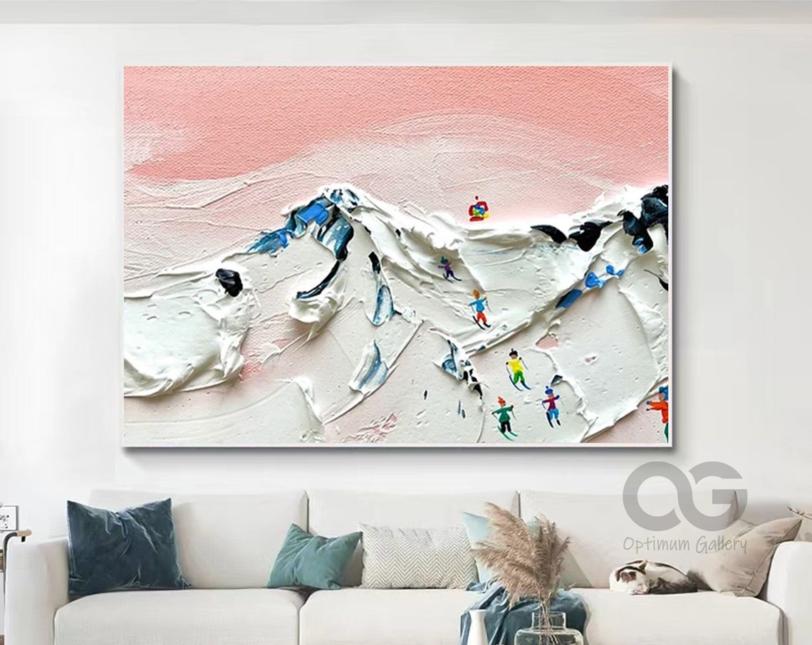 Pink Sky Snow Mountains Tiny Skiers Impasto Textured Winter Poster