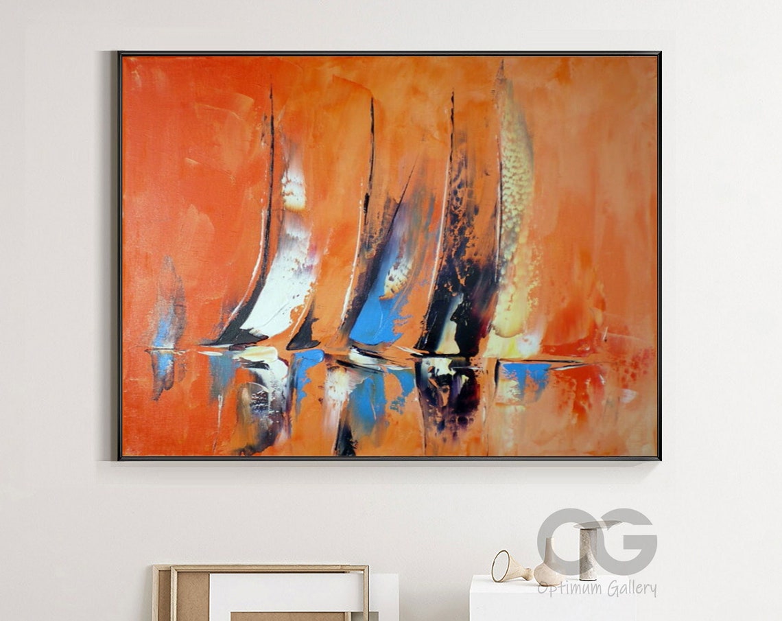 Large Sailboat Party Painting On Colorful Sailboats Harbor Painting Nautical Landscape Painting Bed Room Wall Art Summer Wall Decor