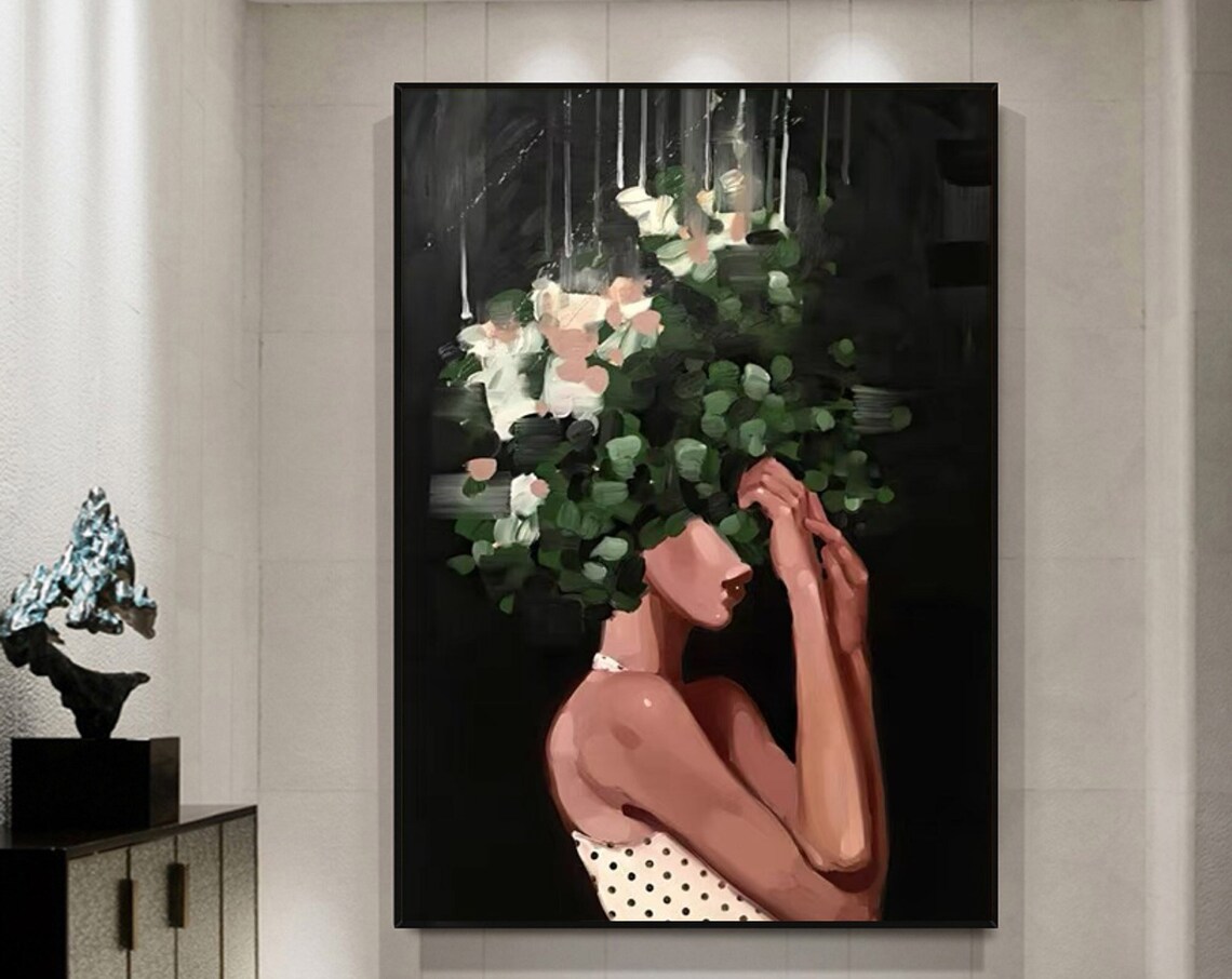 Woman Leafy Floral Hair Portrait Moody Black Background Botanical Poster