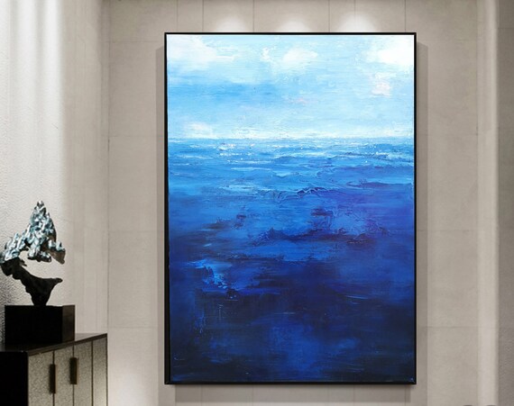 Deep Blue Ocean Vertical Abstract Moody Navy Sea Waves Painting Poster