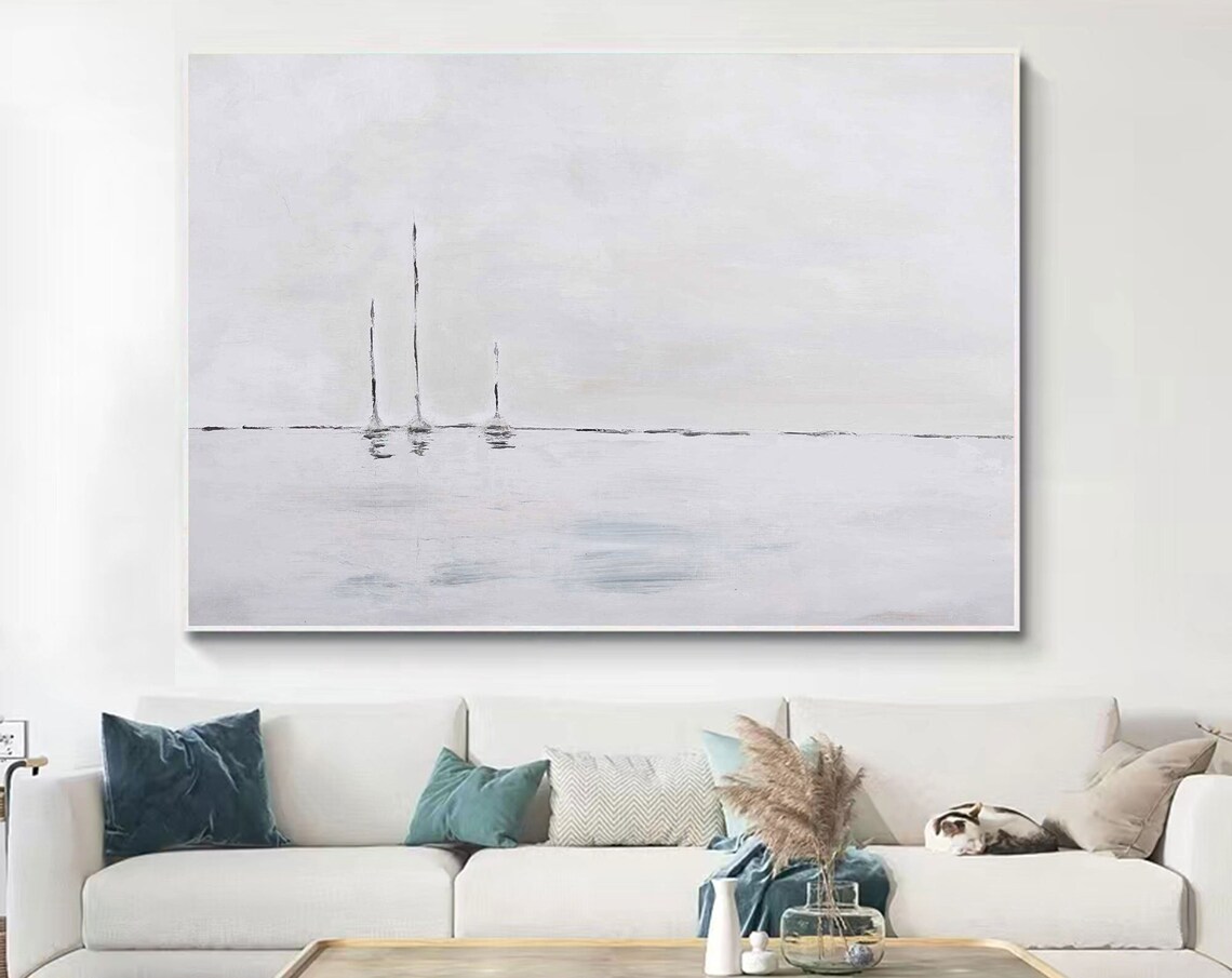 Minimalist Black White Sailboats Misty Sea Calm Horizon Art Poster