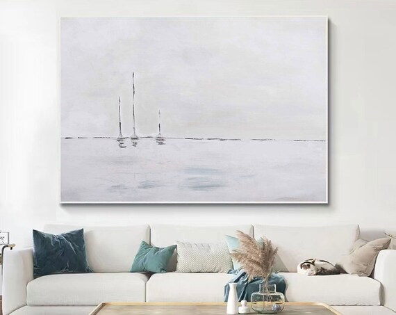 Minimalist Black White Sailboats Misty Sea Calm Horizon Art Poster
