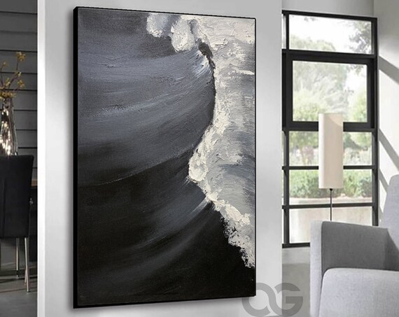 Black And White Ocean Wave Abstract Minimalist Painting Modern Art Poster