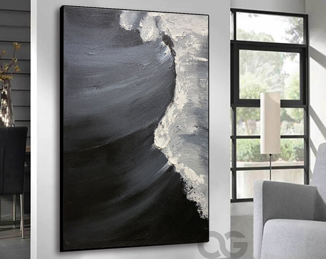 Black And White Ocean Wave Abstract Minimalist Painting Modern Art Poster