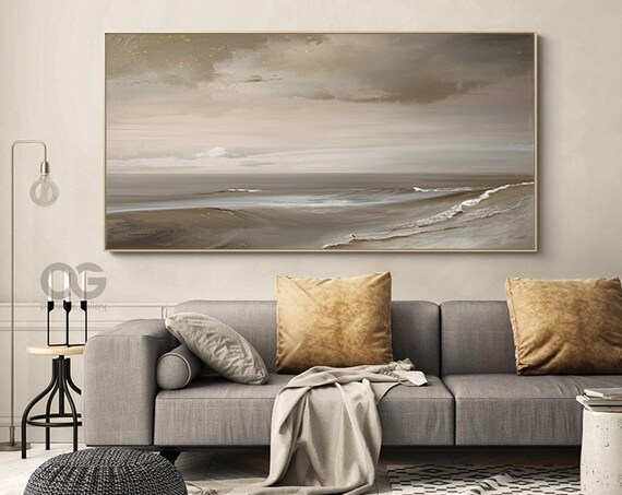 Moody Grey Seascape Cloudy Sky Sandy Shore Calm Coastal Scene Poster