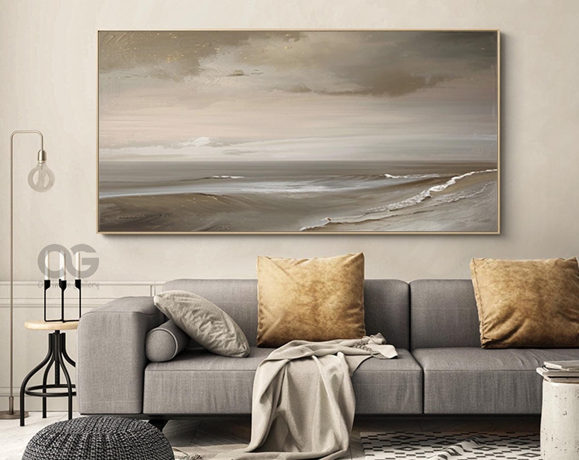 Moody Grey Seascape Cloudy Sky Sandy Shore Calm Coastal Scene Poster
