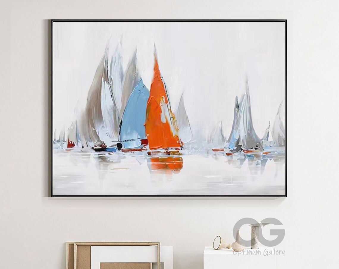 Abstract Sailboat Painting Orange Sail Grey White Sails Calm Water Wall Art Poster