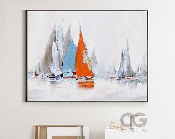 Abstract Sailboat Painting Orange Sail Grey White Sails Calm Water Wall Art Poster