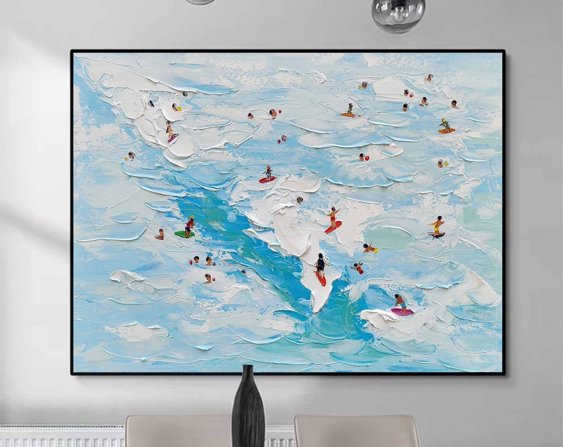 Blue Sea Tiny Swimmers Surfers Textured Waves Summer Beach Art Poster - Image 5