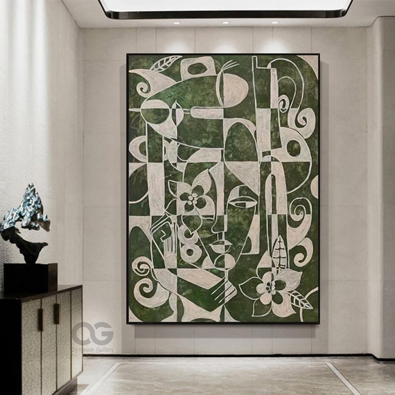 Abstract Lady Painting Woman Face Painting Large Green And Beige Portrait Artwork Modern Picasso Style Art Woman Wall Art Home Decor