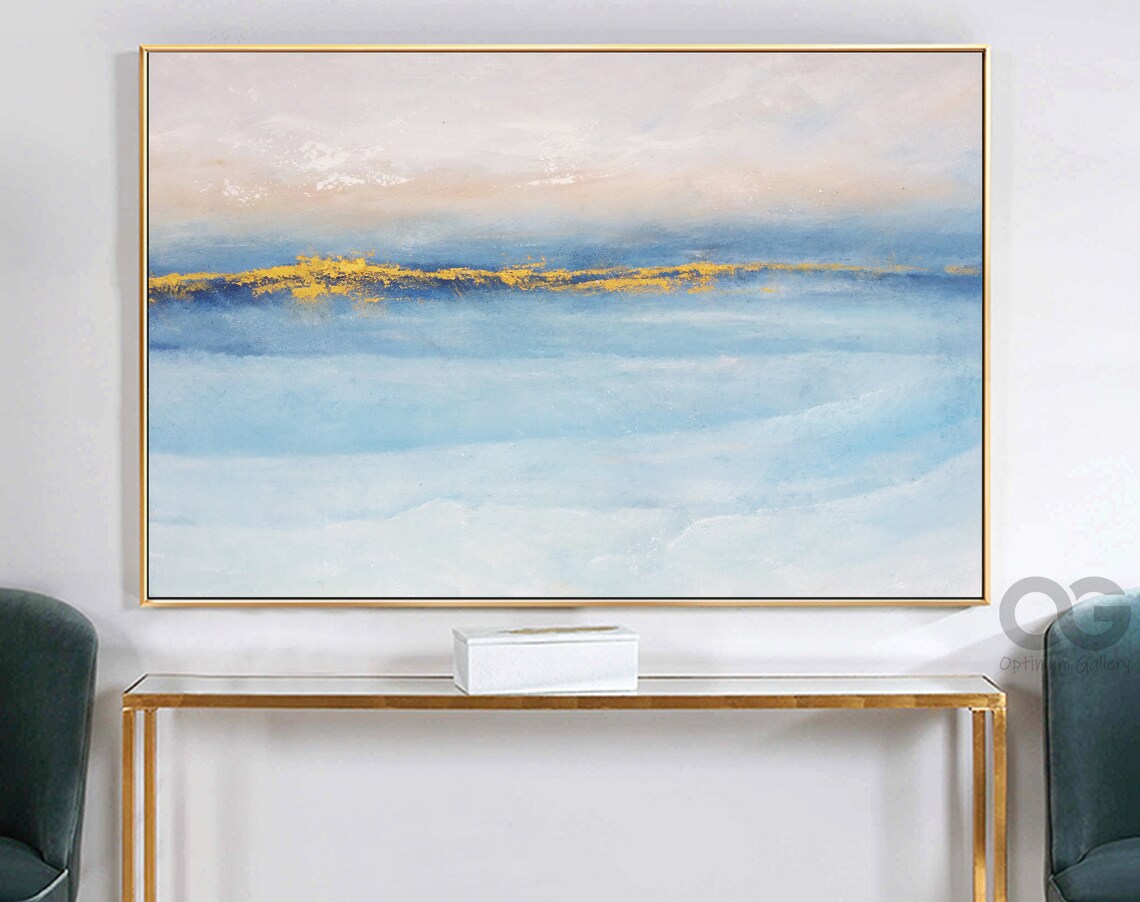Light Blue Ocean Sunrise Abstract Seascape Gold Horizon Coastal Art Poster