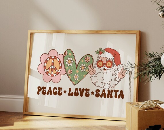 Peace Love Santa Groovy Hippie Retro Christmas Flower Poster