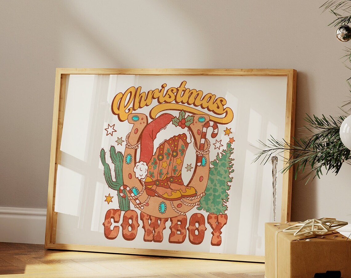 Christmas Cowboy Boot Turquoise Horseshoe Western Holiday Poster