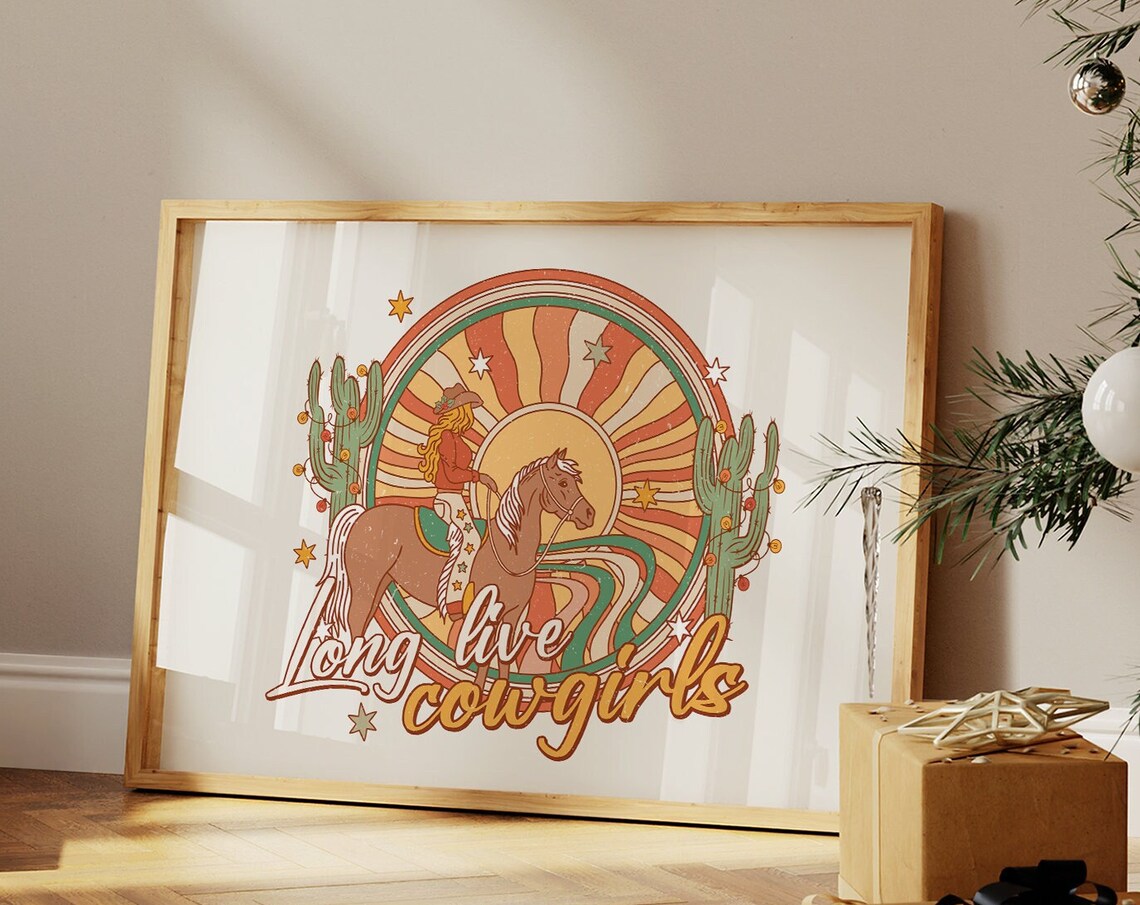 Long Live Cowgirls Retro Sunset Horse Western Desert Art Poster