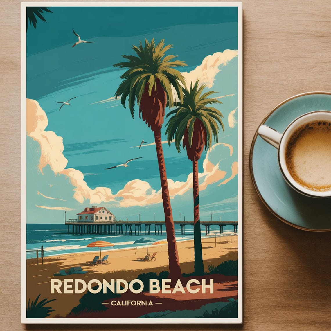 Redondo Beach California Pier Palms Retro Travel Beach Poster