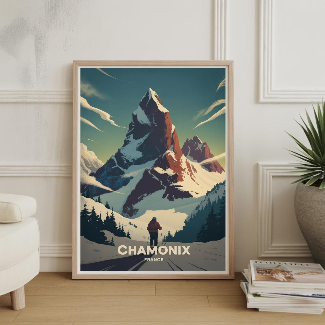 Chamonix France Snowy Mountain Peak Skier Vintage Ski Poster