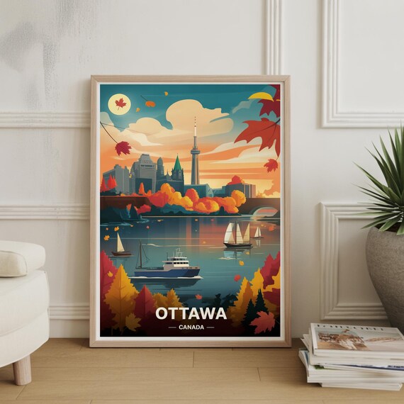 Ottawa Canada Autumn Waterfront Skyline Fall Foliage Vintage Travel Poster
