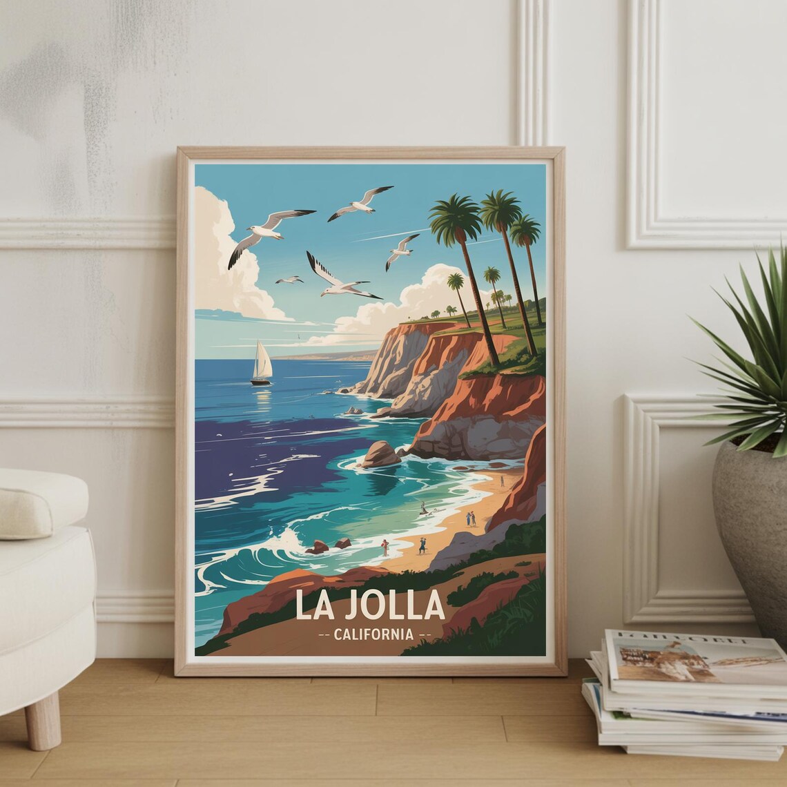 La Jolla California Vintage Travel Poster Coastal Cliffs Beach Seagulls Art