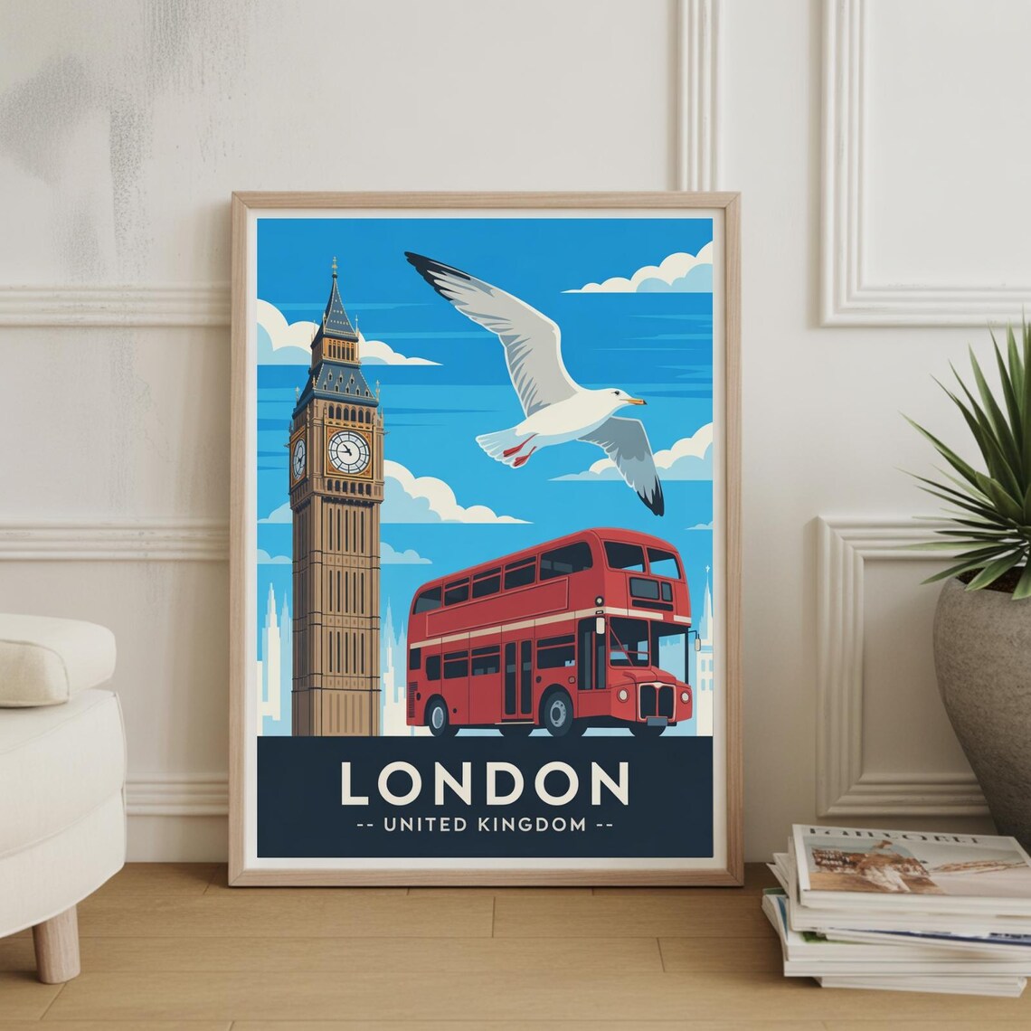 London United Kingdom Travel Poster Big Ben Red Bus Vintage Art