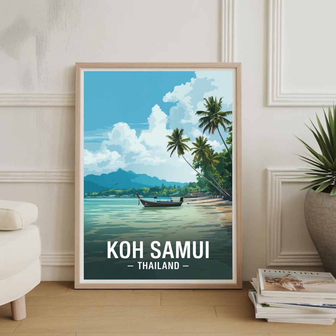 Koh Samui Thailand Longtail Boat Palms Beach Retro Travel Poster