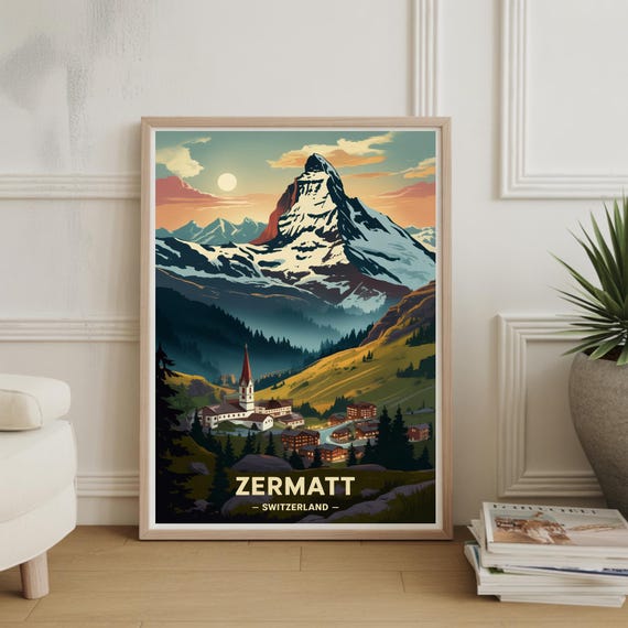 Zermatt Switzerland Poster Travel Wall Art Mountain Landscape Decor Adventure Awaits Theme