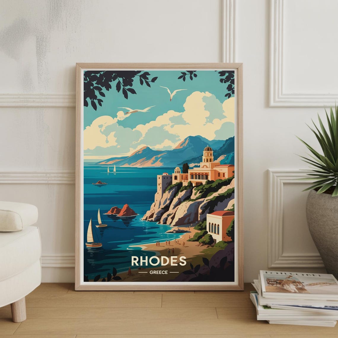 Rhodes Greece Coastal Monastery Cliffs Seaside Vintage Travel Poster