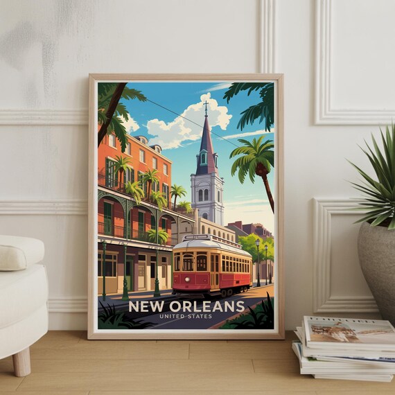 New Orleans Louisiana Streetcar French Quarter Vintage Travel Poster