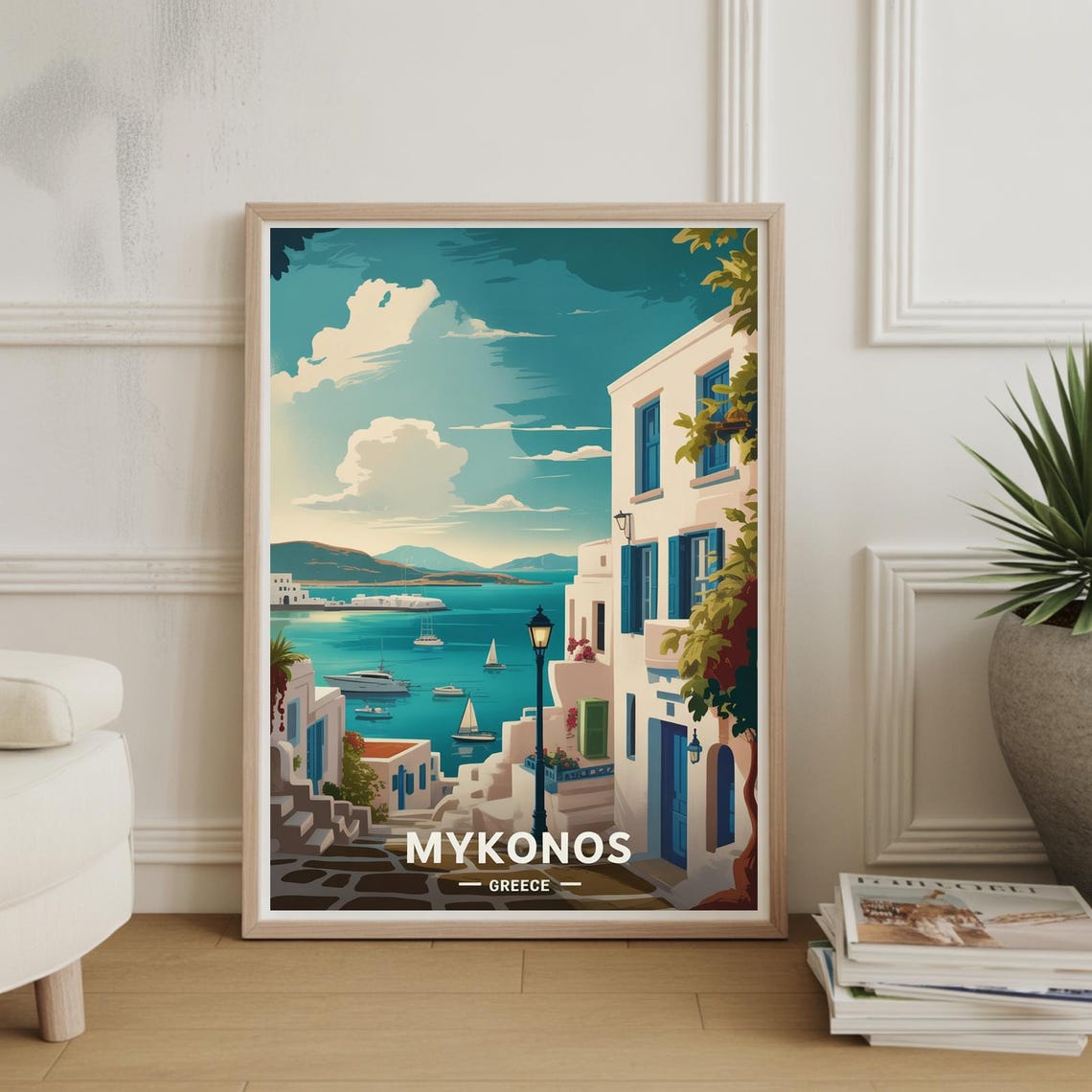 Mykonos Greece Whitewashed Harbor Sailboats Scenic Travel Poster
