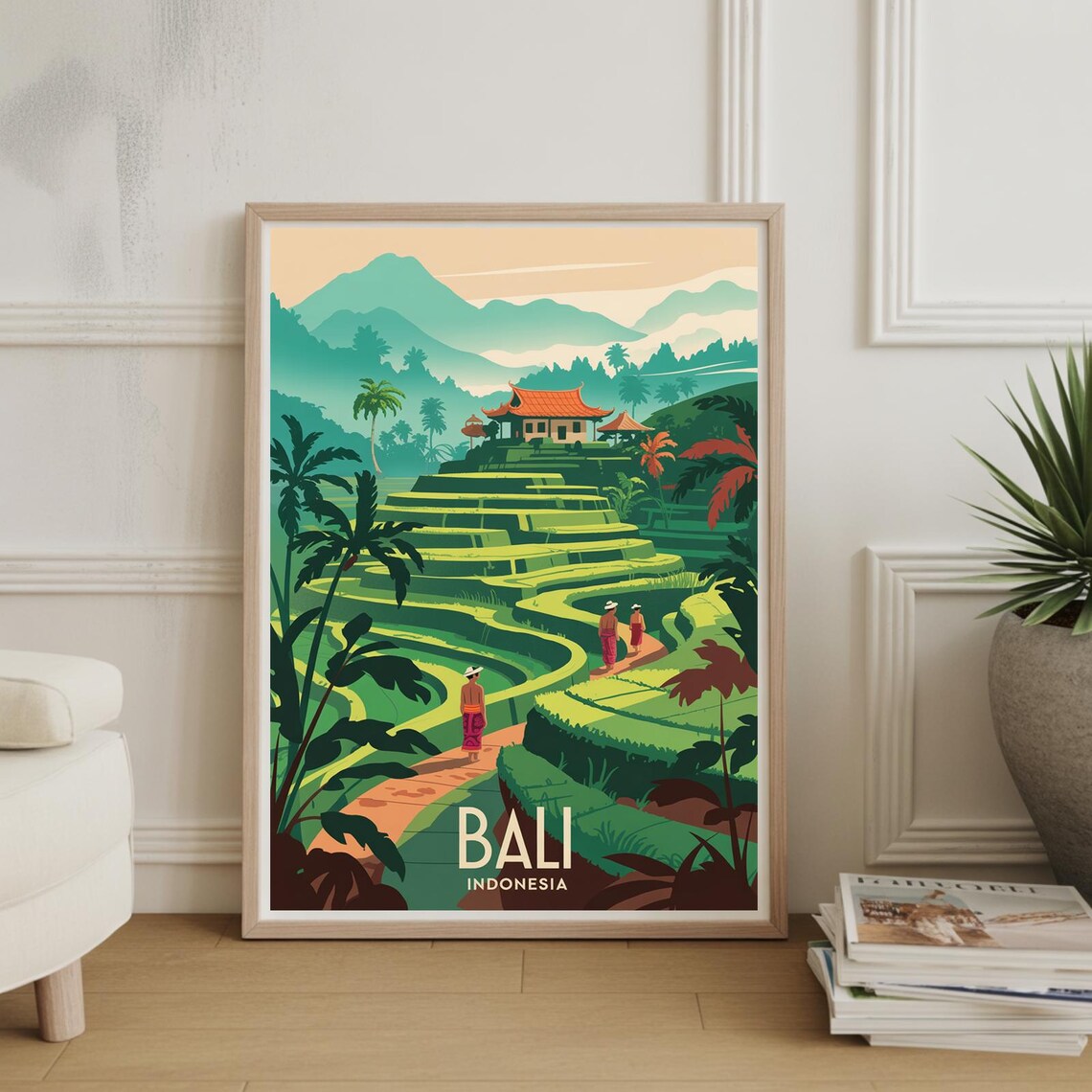 Bali Indonesia Rice Terrace Jungle Temple Mid Century Travel Poster