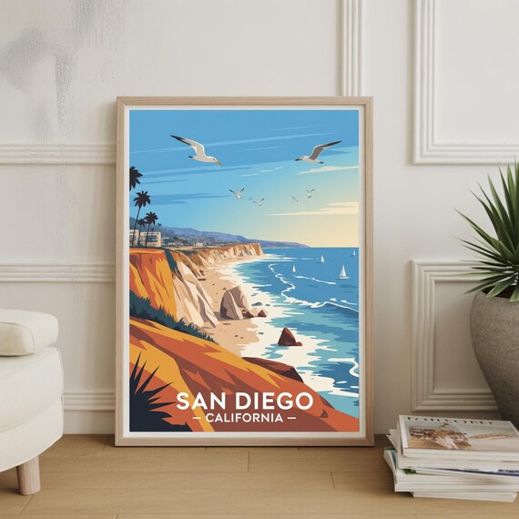 San Diego California Travel Poster Coastal Cliffs Sailboats Retro Art