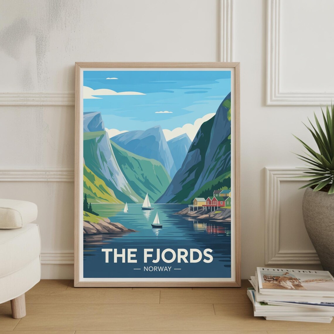 Norway Fjords Sailboats Red Waterside Cabins Vintage Travel Poster
