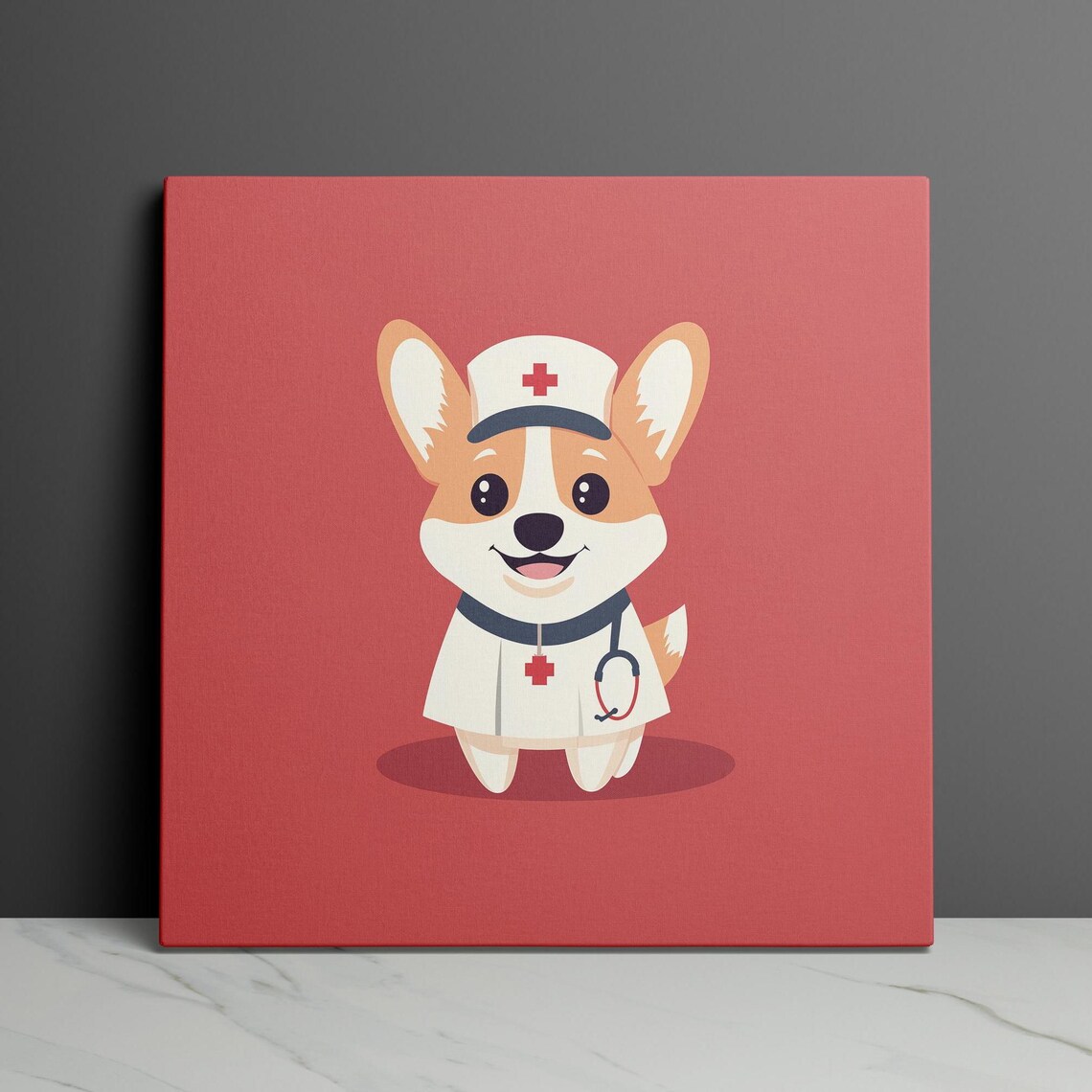 Corgi Nurse Cartoon Puppy Dog in Red Nurse Uniform Room Poster - Image 3