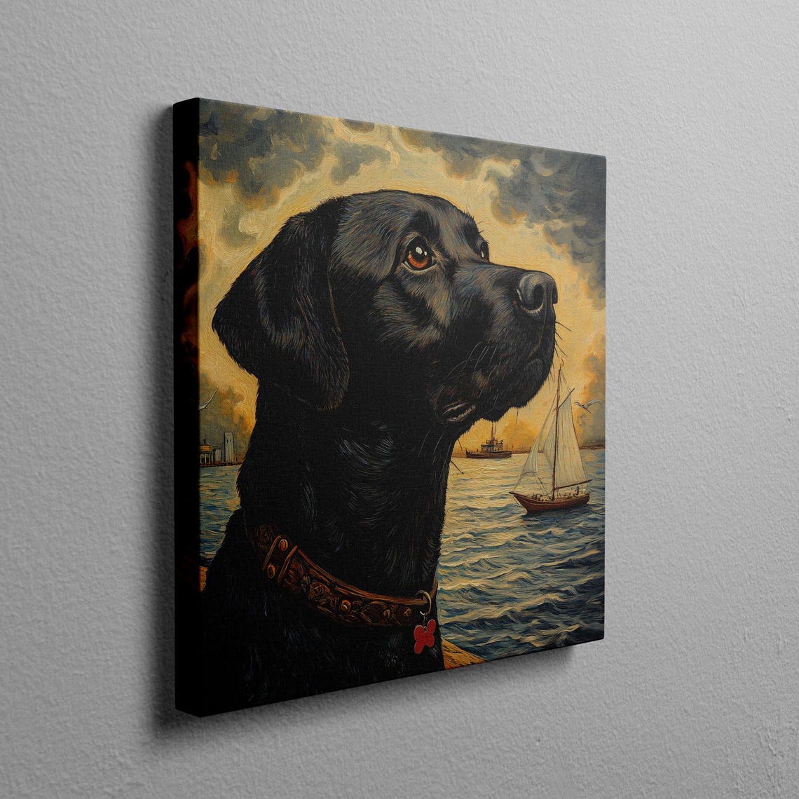 Black Labrador On A Boat At Sunset Watching A Sailboat Poster - Image 2