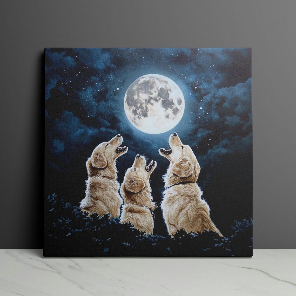 Three Golden Retrievers Howling Together At The Full Moon Poster - Image 3