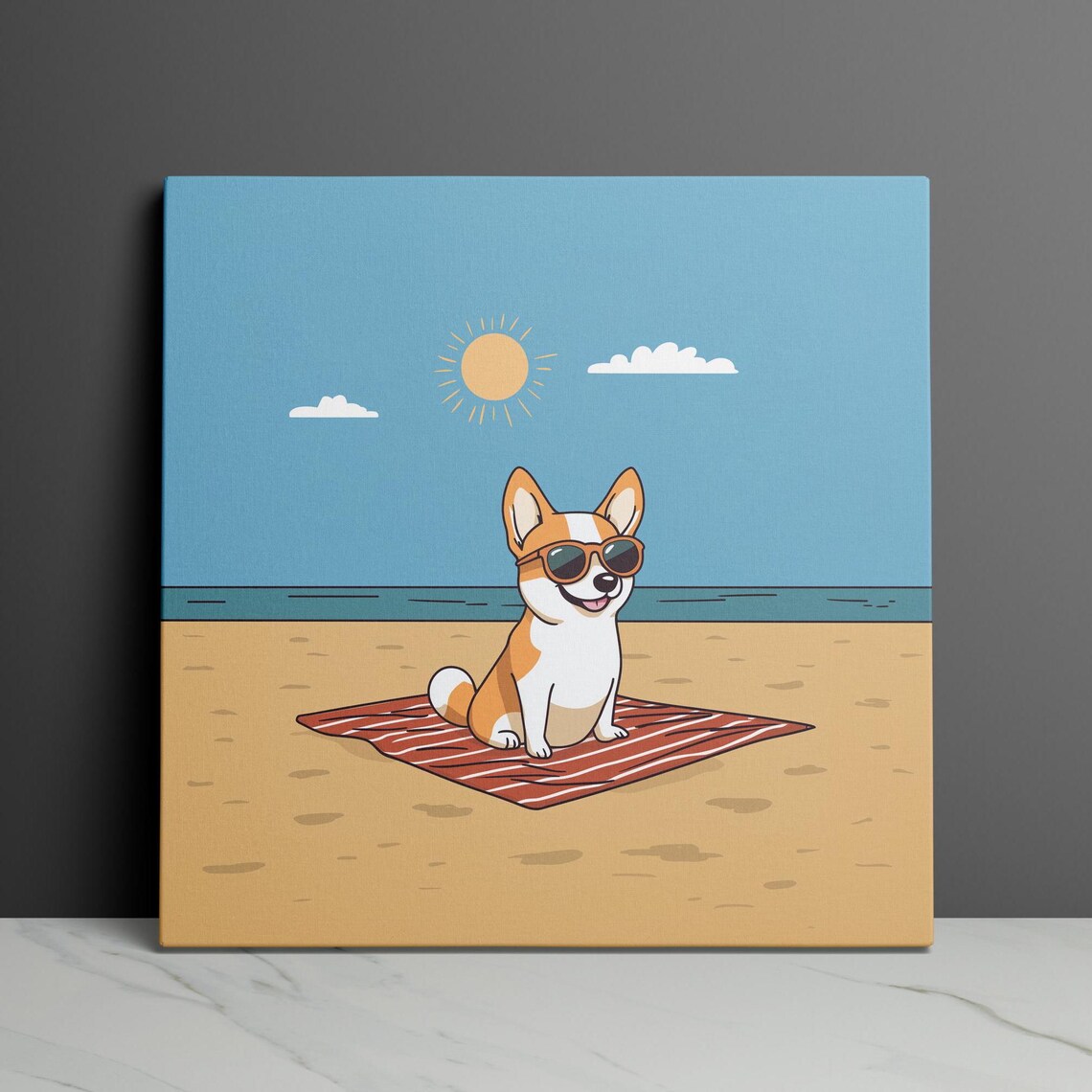 Corgi Beach Day Cartoon Puppy in Sunglasses on a Towel Poster - Image 2