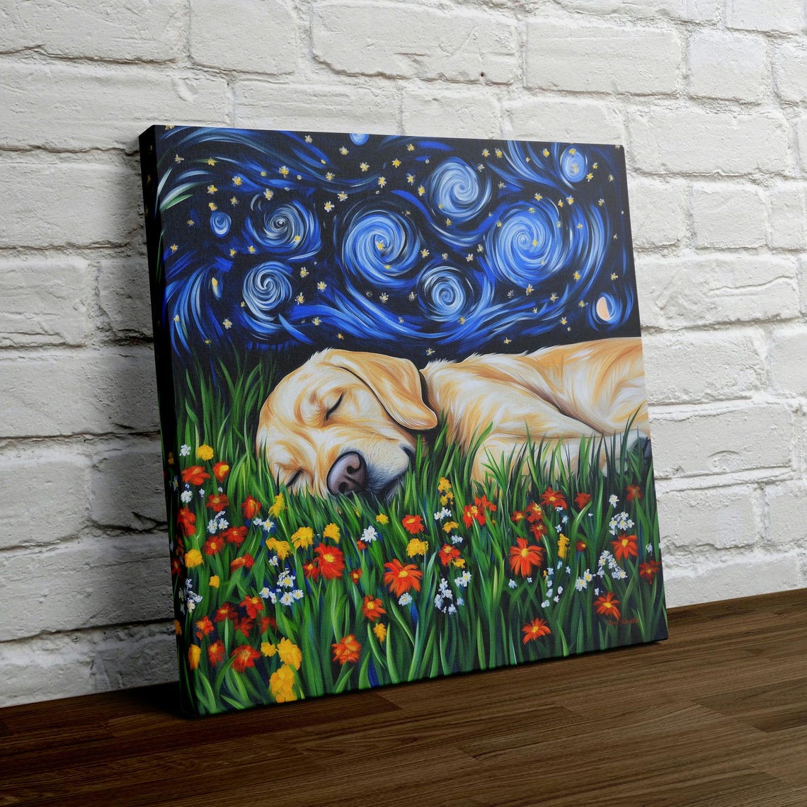Yellow Labrador Sleeping in a Starry Night Flower Field Wall Art - Image 4