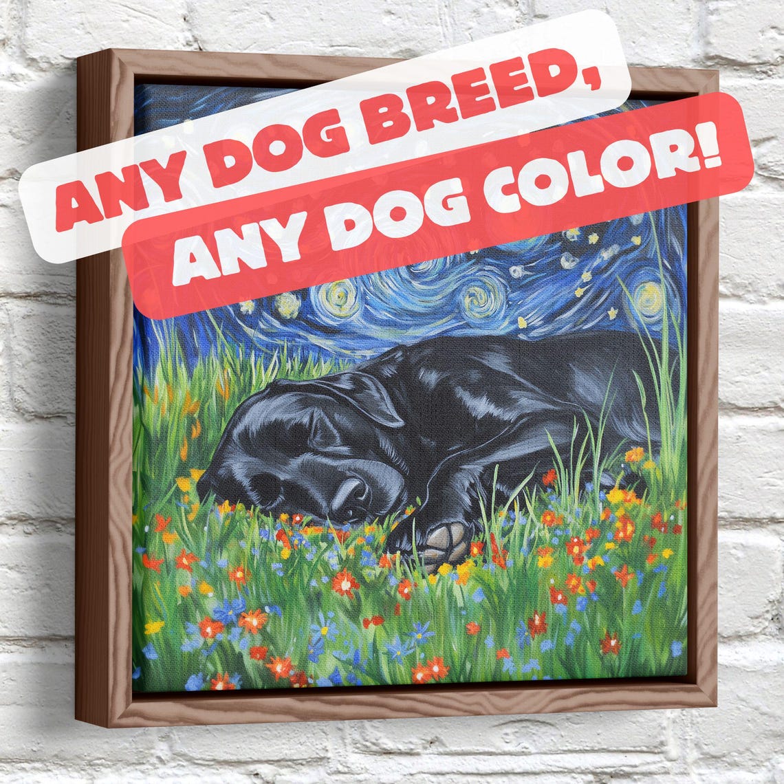Sleeping Black Lab In A Flower Meadow Under Starry Night Poster