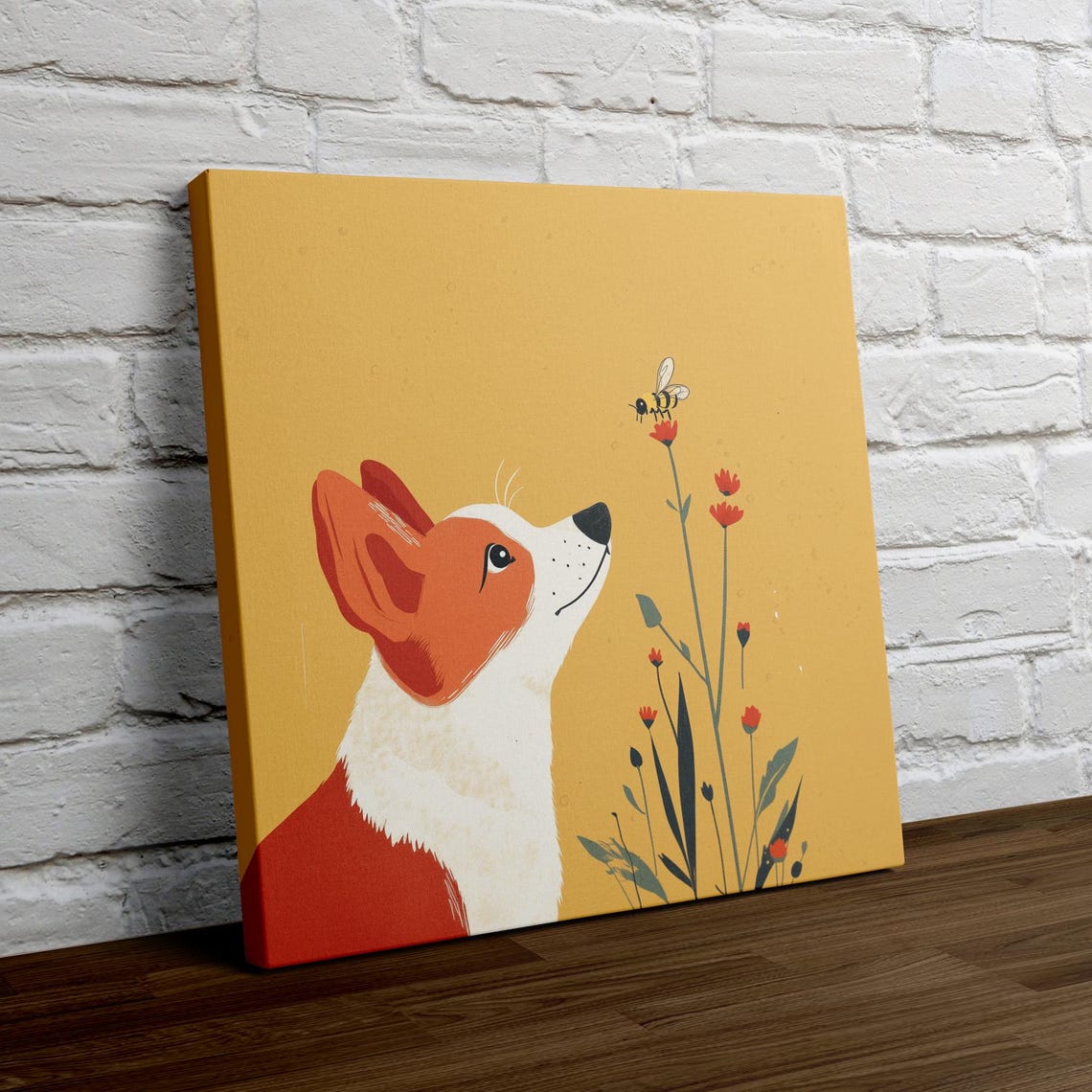 Corgi Watching a Bee on Wildflowers Minimalist Yellow Art Poster - Image 4