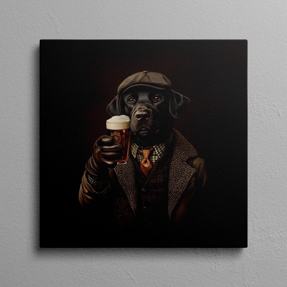Black Lab Pub Portrait in Flat Cap With a Pint of Beer Poster